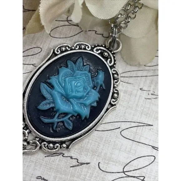 Cameo Necklace Turquoise Rose Wedding Jewelry Black Gothic Anniversary Easter - Picture 10 of 13